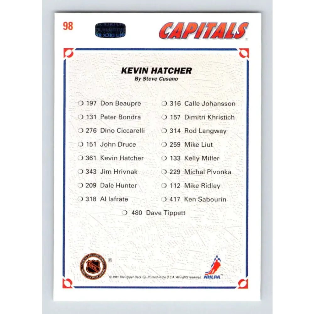 1991-92 Upper Deck #98 Kevin Hatcher NM-MT Washington Capitals Hockey Card Image 2