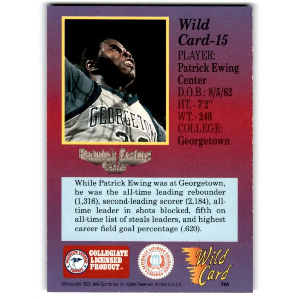 1991-92 Wild Card #15 Patrick Ewing NM-MT Georgetown Hoyas Basketball Card Image 2