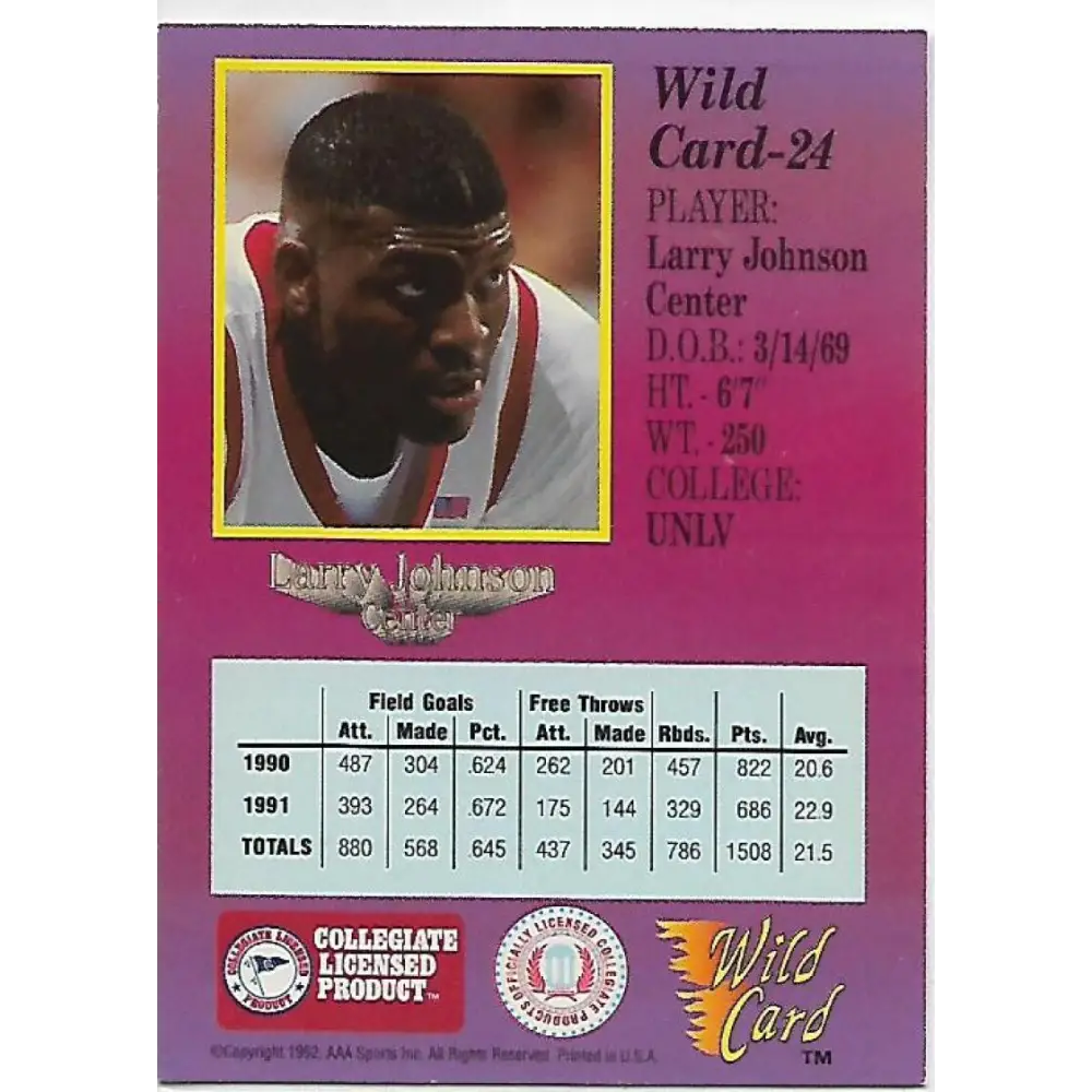 1991-92 Wild Card #24 Larry Johnson NM-MT UNLV Runnin' Rebels Basketball Card Image 2