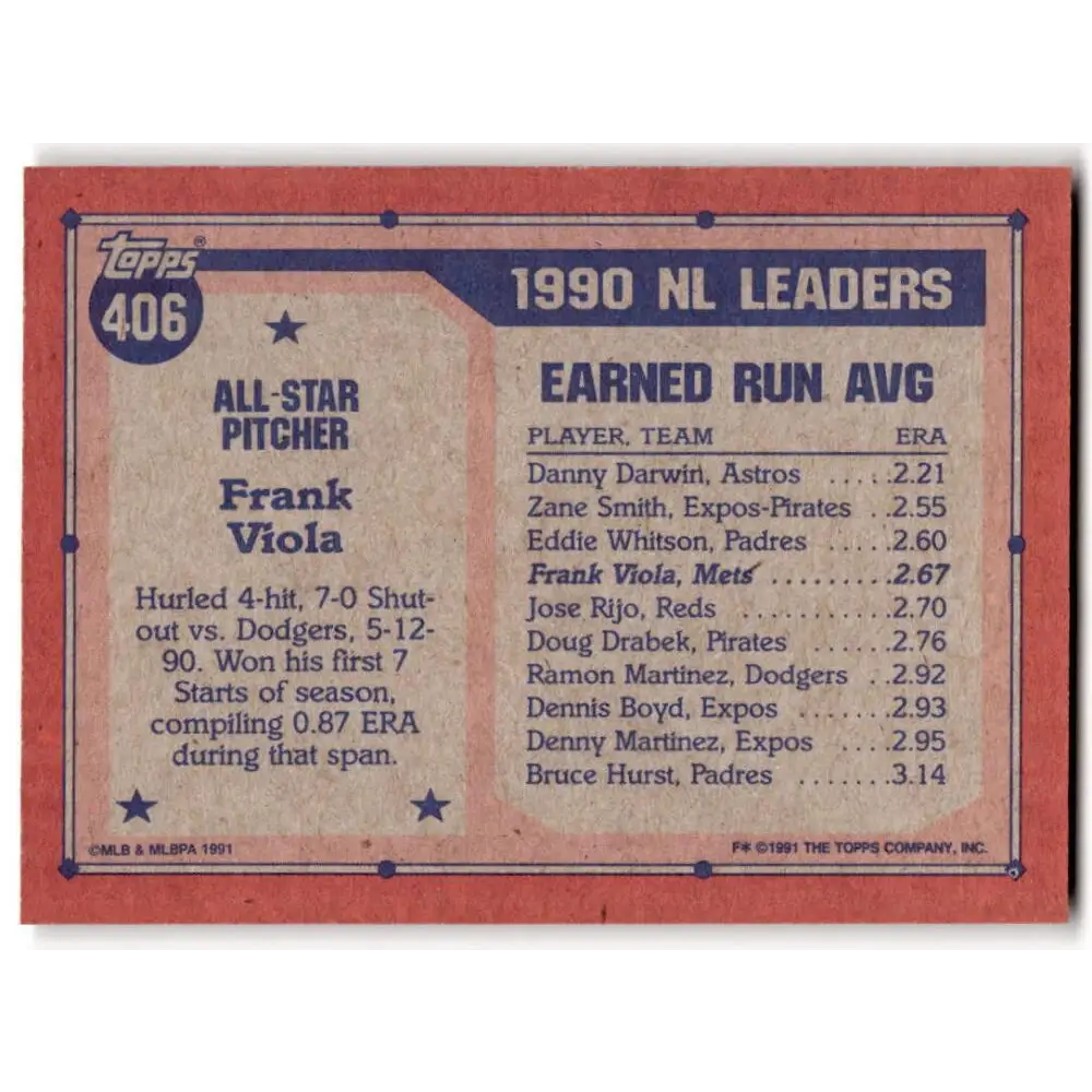 1991 Topps #406 Frank Viola NM-MT New York Mets Baseball Card  Image 2