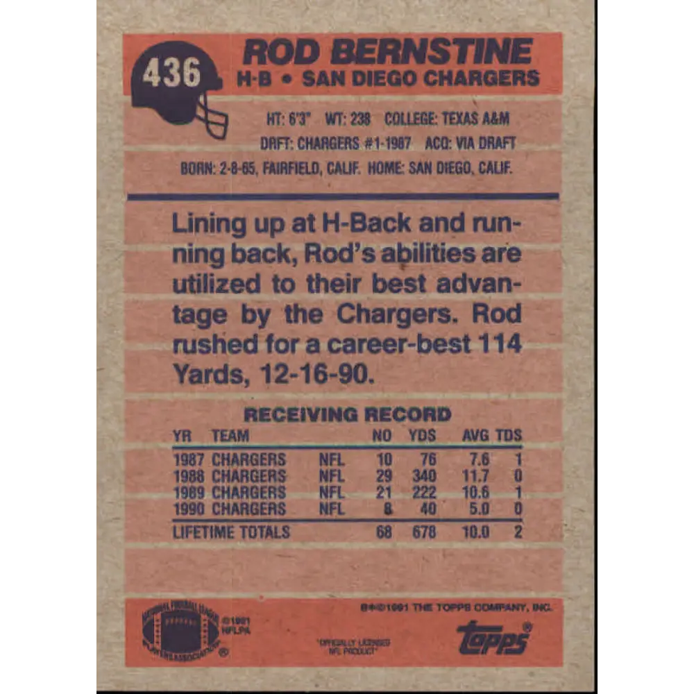 1991 Topps #436 Rod Bernstine NM-MT San Diego Chargers Football Card  Image 2