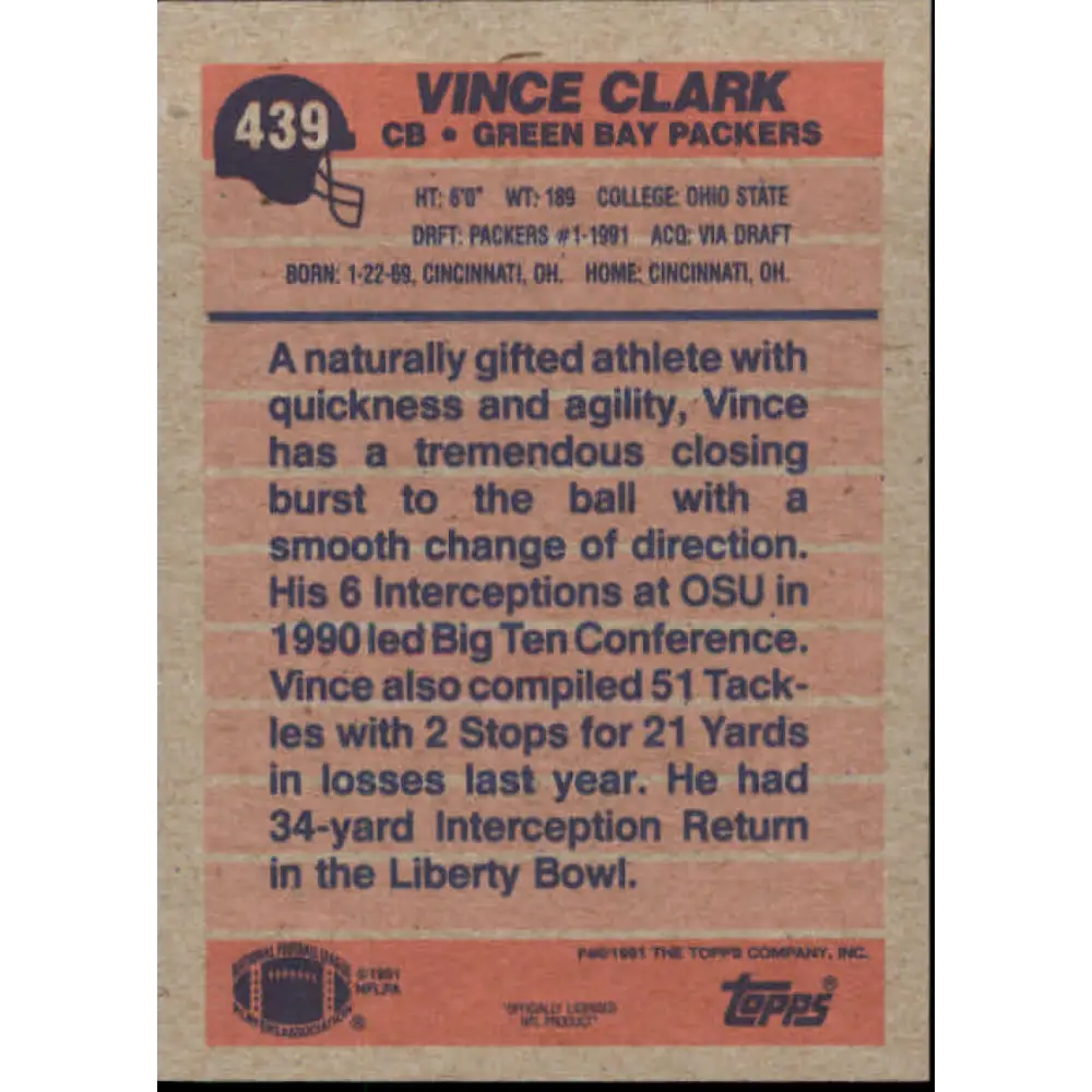 1991 Topps #439 Vince Clark NM-MT RC Rookie Green Bay Packers Football Card  Image 2