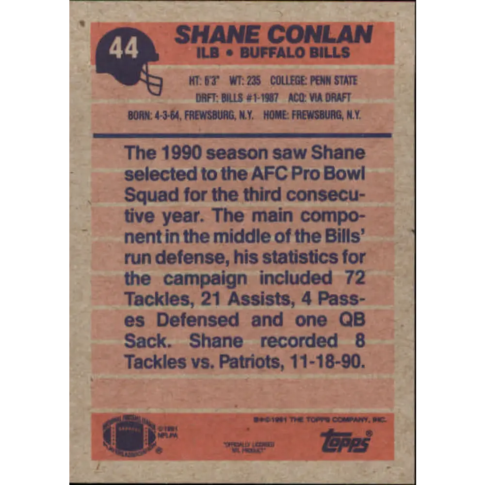 1991 Topps #44 Shane Conlan NM-MT Buffalo Bills Football Card  Image 2