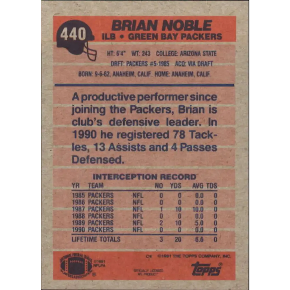 1991 Topps #440 Brian Noble NM-MT Green Bay Packers Football Card  Image 2