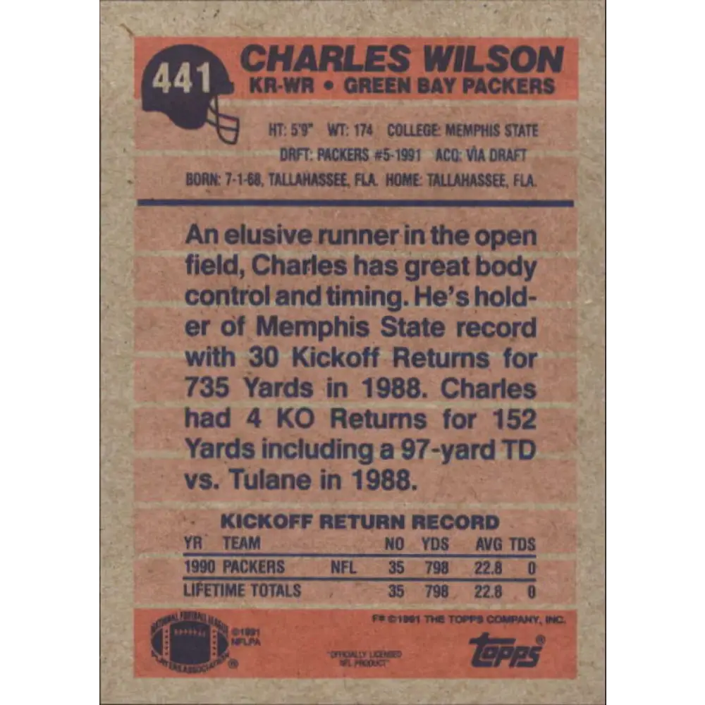 1991 Topps #441 Charles Wilson NM-MT Green Bay Packers Football Card  Image 2