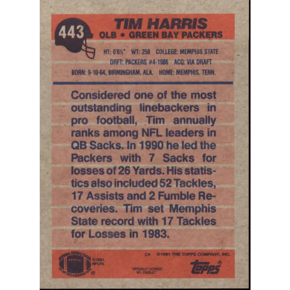 1991 Topps #443 Tim Harris NM-MT Green Bay Packers Football Card  Image 2