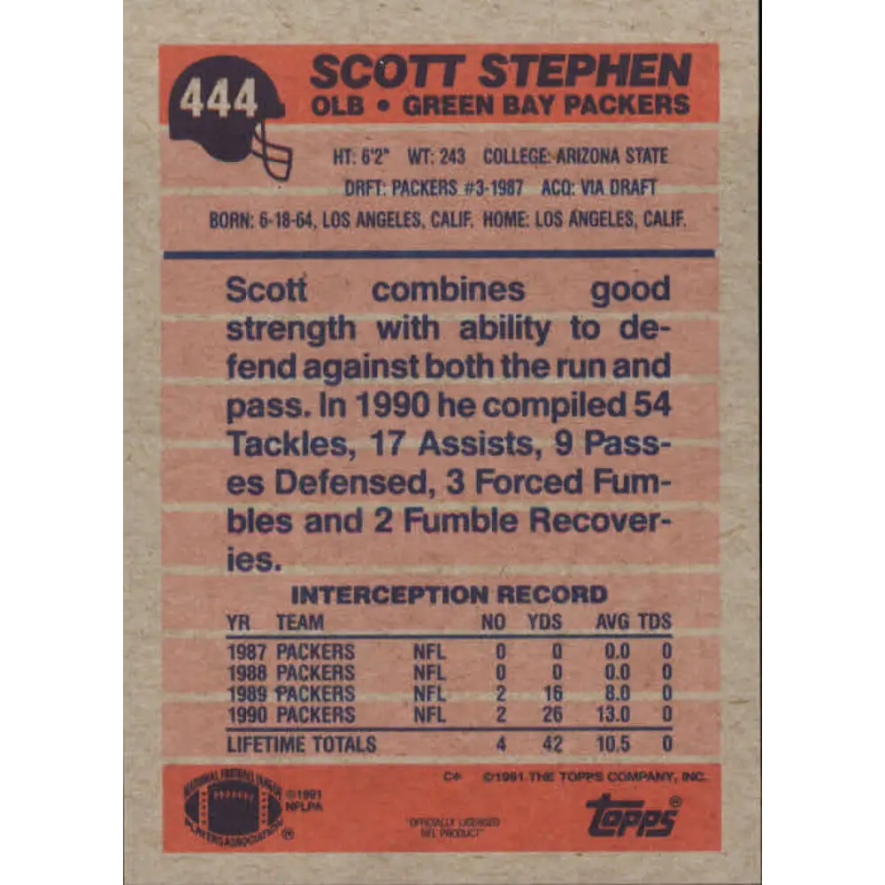 1991 Topps #444 Scott Stephen NM-MT RC Rookie Green Bay Packers Football Card  Image 2