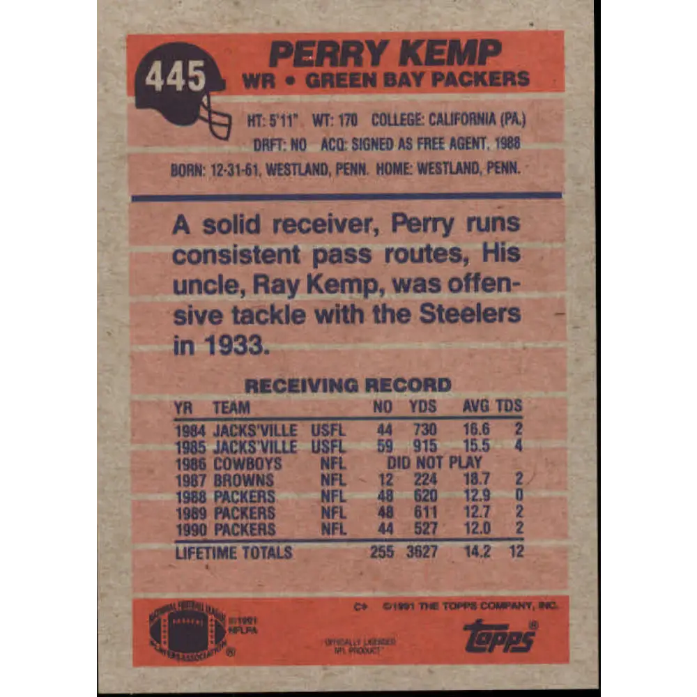 1991 Topps #445 Perry Kemp NM-MT Green Bay Packers Football Card  Image 2