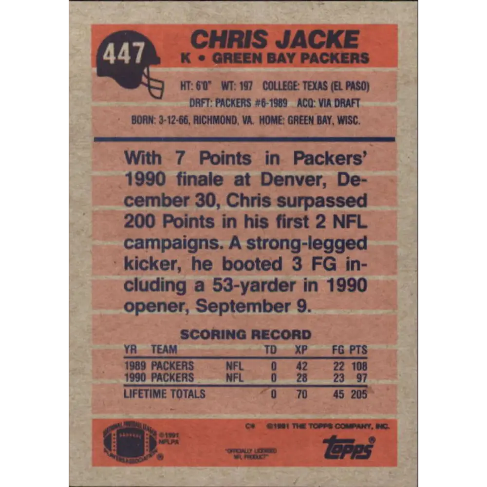 1991 Topps #447 Chris Jacke NM-MT Green Bay Packers Football Card  Image 2