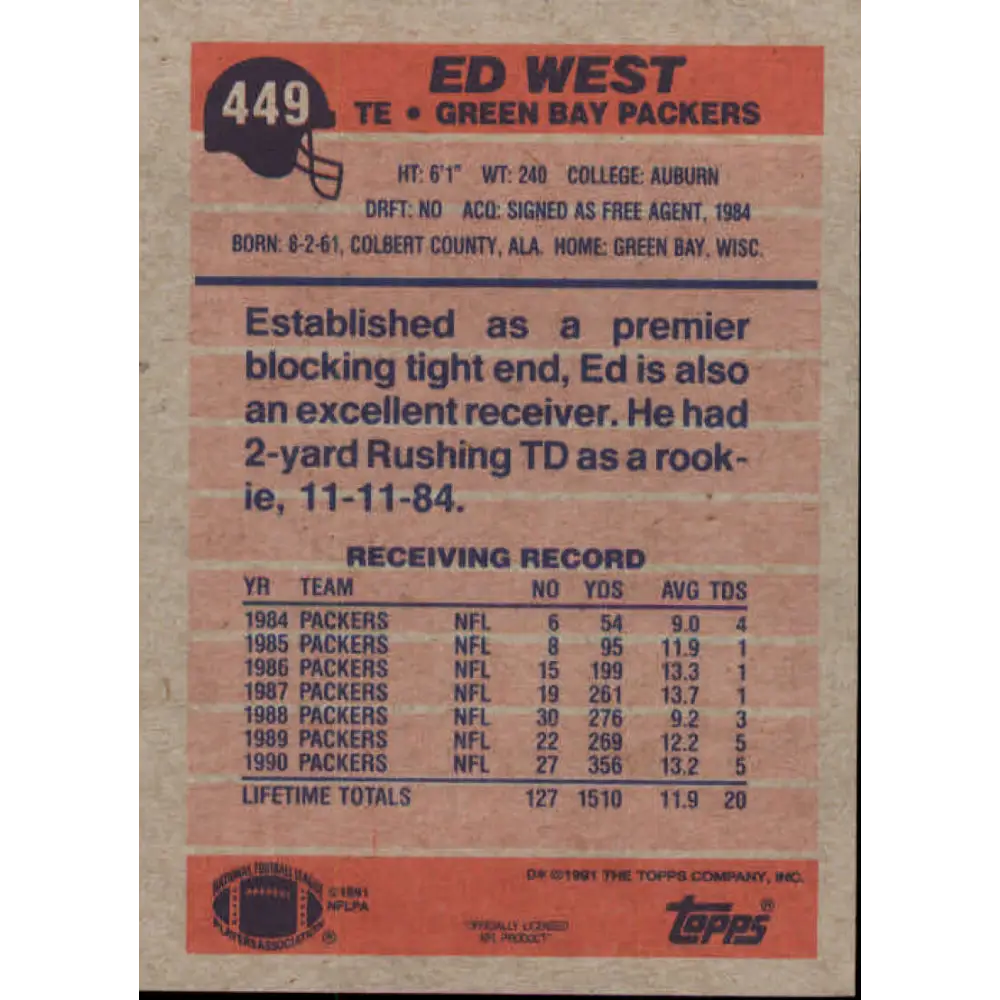1991 Topps #449 Ed West NM-MT Green Bay Packers Football Card  Image 2
