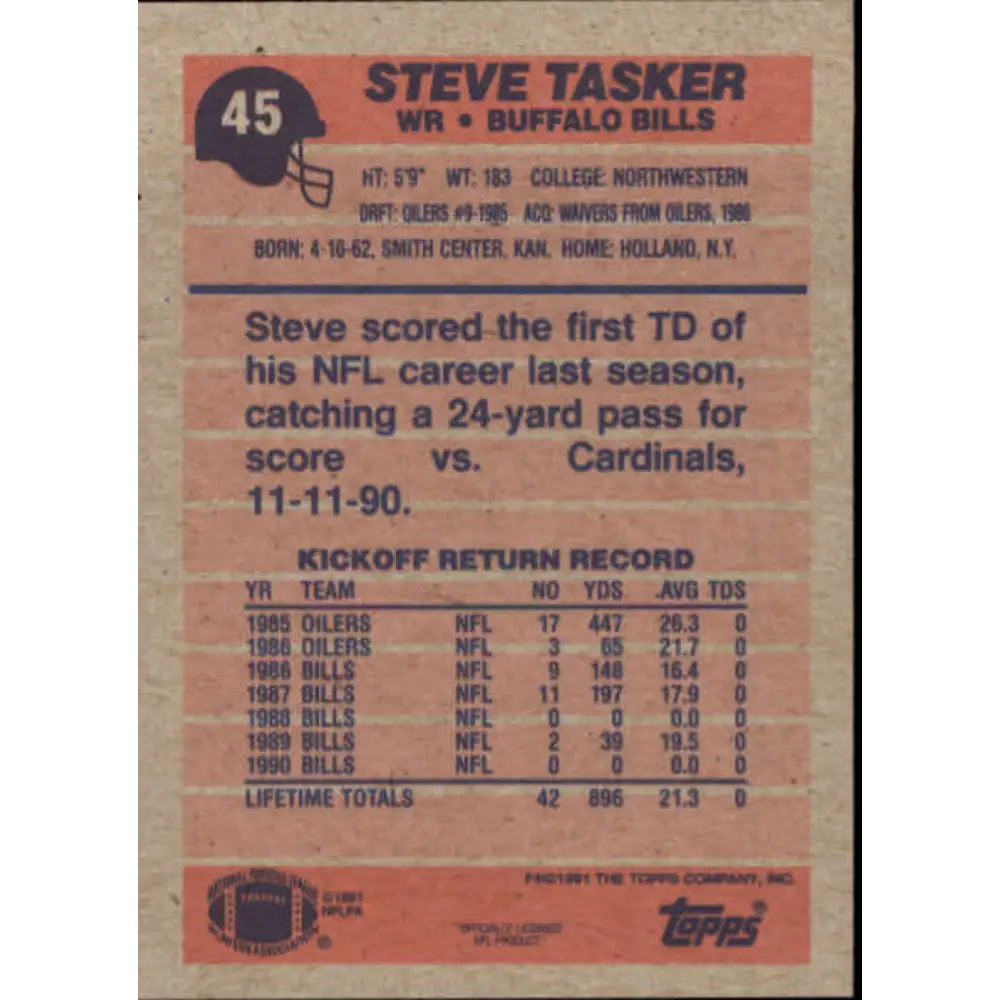 1991 Topps #45 Steve Tasker NM-MT Buffalo Bills Football Card  Image 2