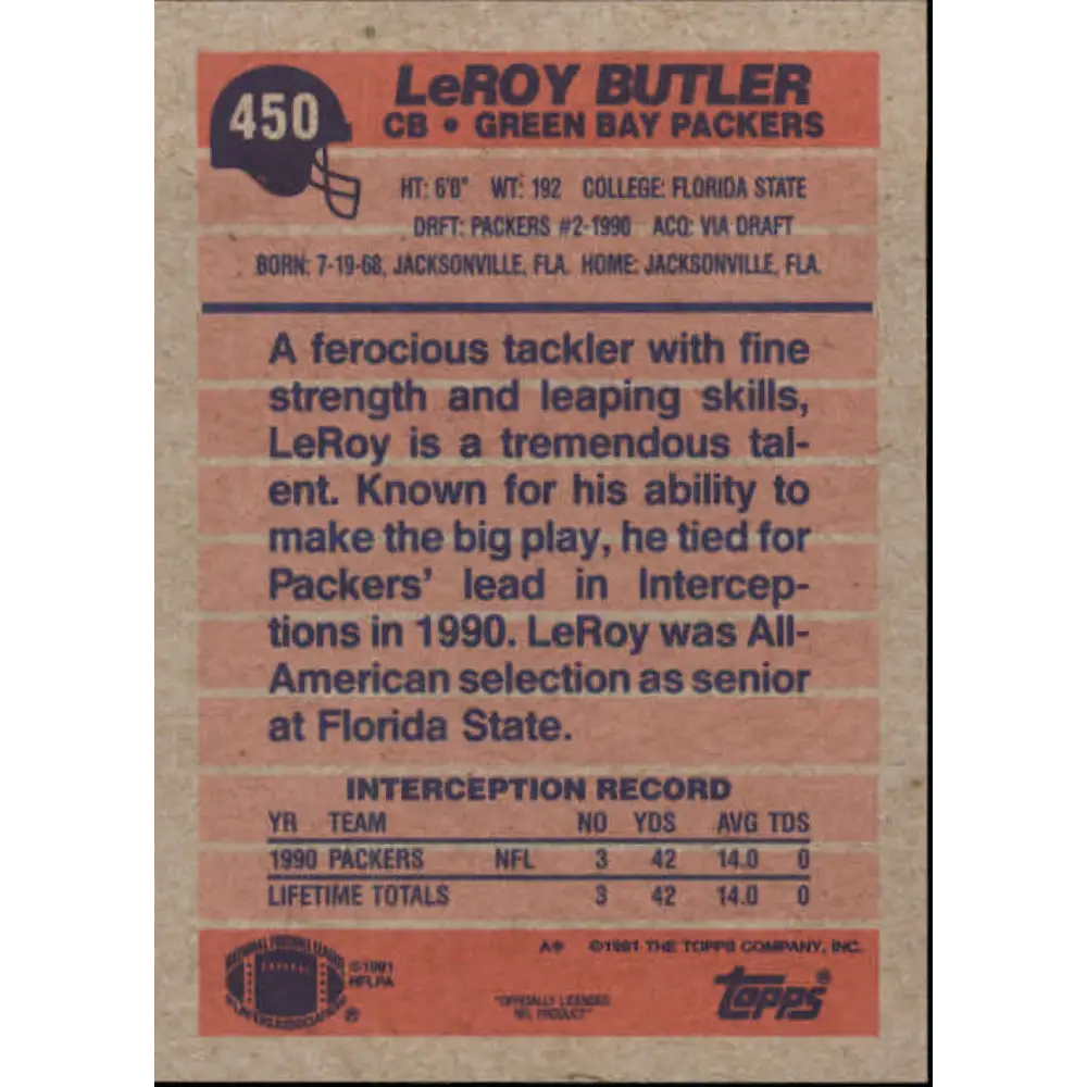 1991 Topps #450 LeRoy Butler NM-MT Green Bay Packers Football Card  Image 2