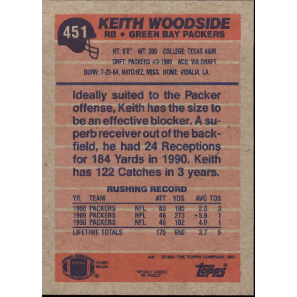 1991 Topps #451 Keith Woodside NM-MT Green Bay Packers Football Card  Image 2