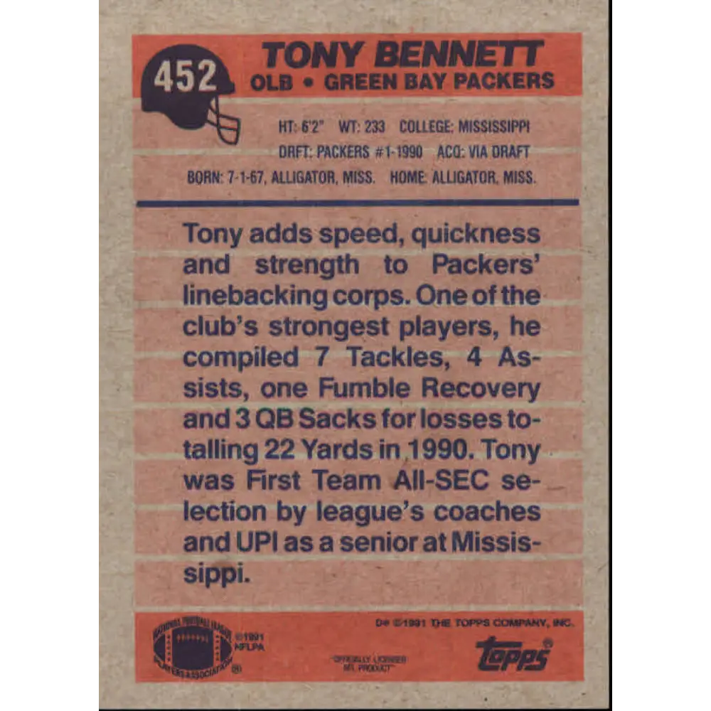 1991 Topps #452 Tony Bennett NM-MT Green Bay Packers Football Card  Image 2