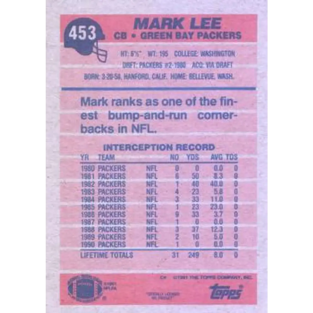 1991 Topps #453 Mark Lee NM-MT Green Bay Packers Football Card  Image 2