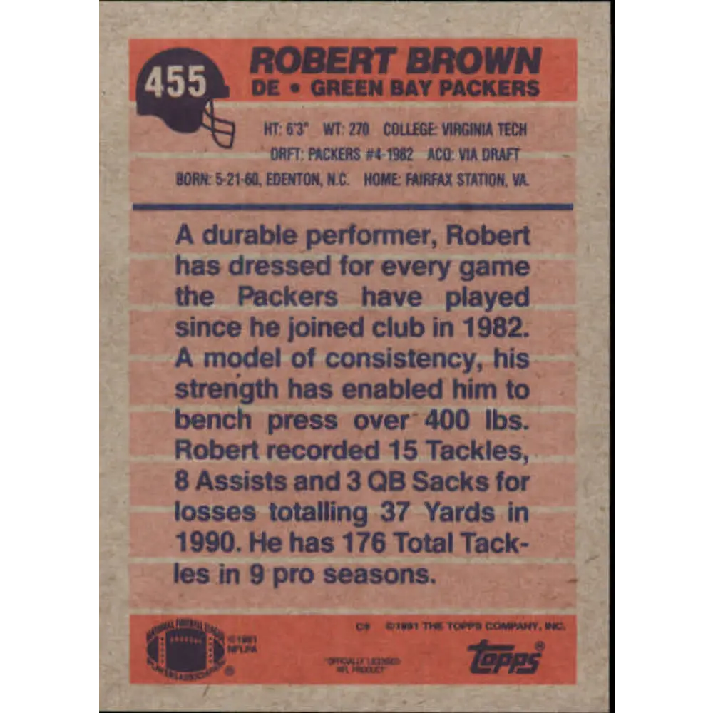 1991 Topps #455 Robert Brown NM-MT Green Bay Packers Football Card  Image 2