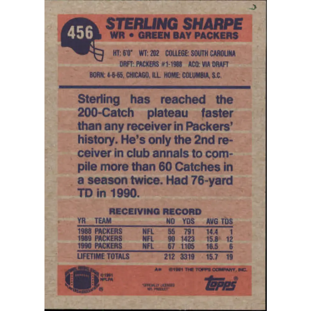 1991 Topps #456 Sterling Sharpe NM-MT Green Bay Packers Football Card  Image 2