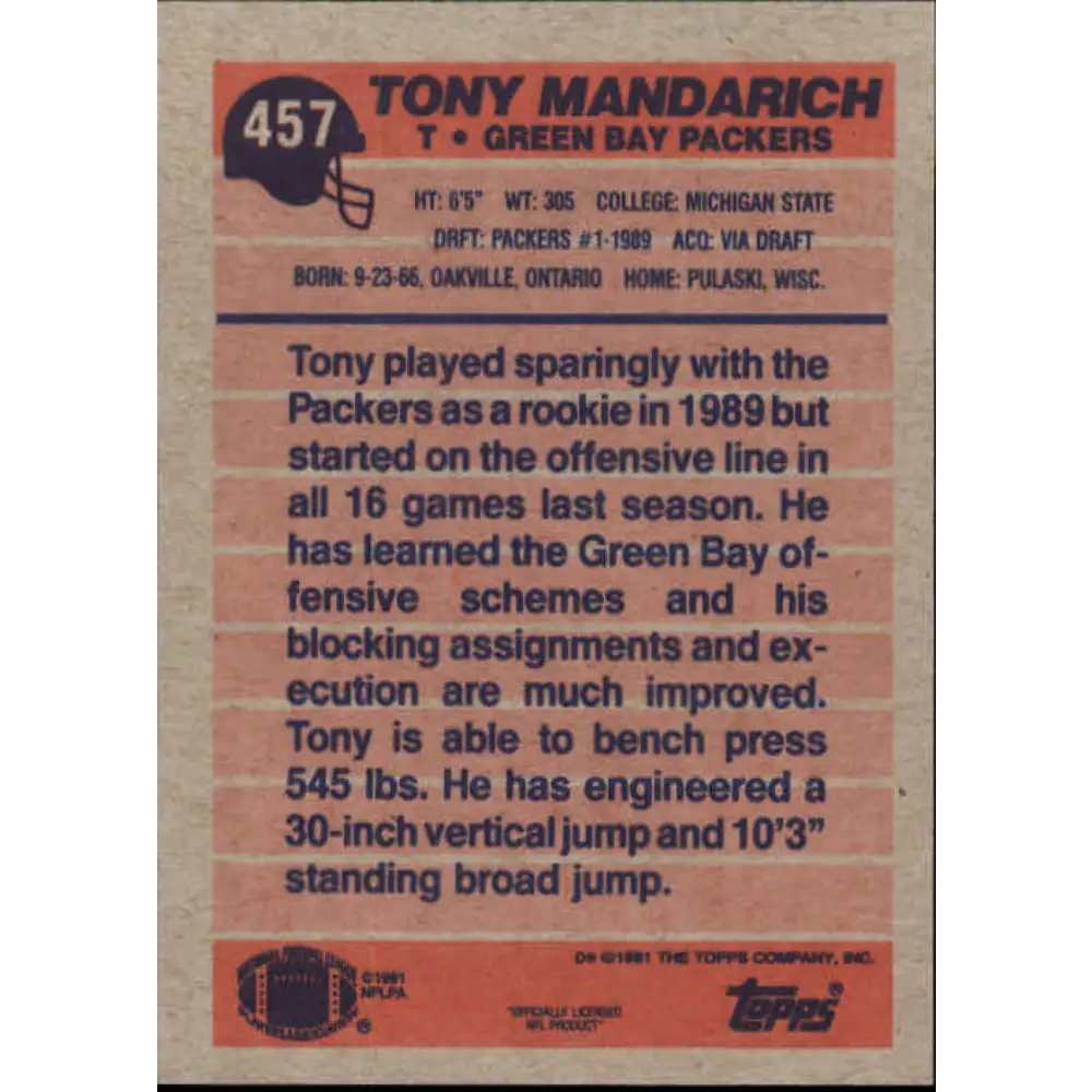 1991 Topps #457A Tony Mandarich NM-MT Green Bay Packers Football Card  Image 2