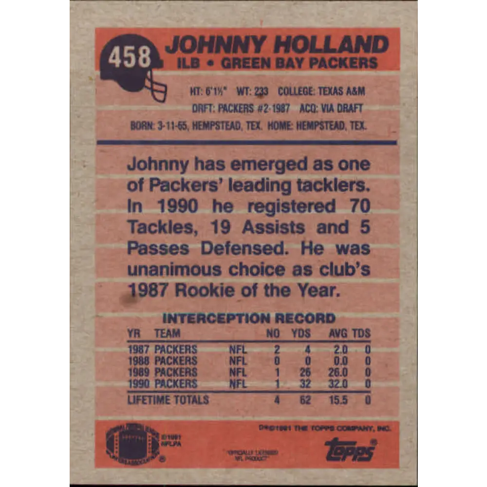 1991 Topps #458 Johnny Holland NM-MT Green Bay Packers Football Card  Image 2