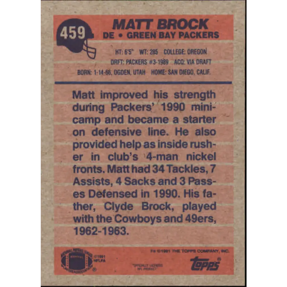 1991 Topps #459 Matt Brock NM-MT RC Rookie Green Bay Packers Football Card  Image 2
