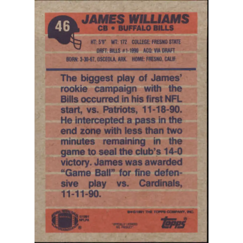 1991 Topps #46 James Williams NM-MT Buffalo Bills Football Card  Image 2