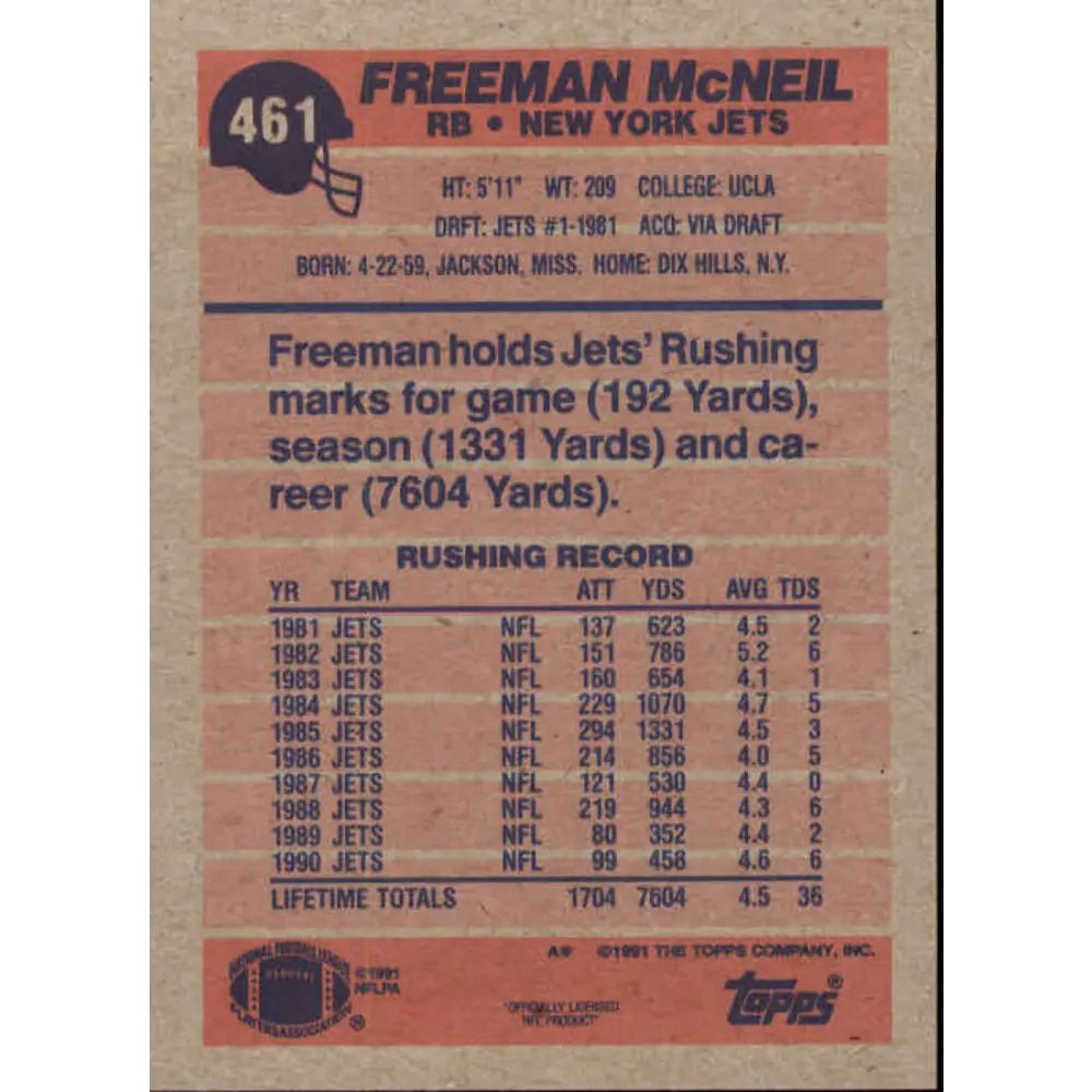 1991 Topps #461 Freeman McNeil NM-MT New York Jets Football Card  Image 2