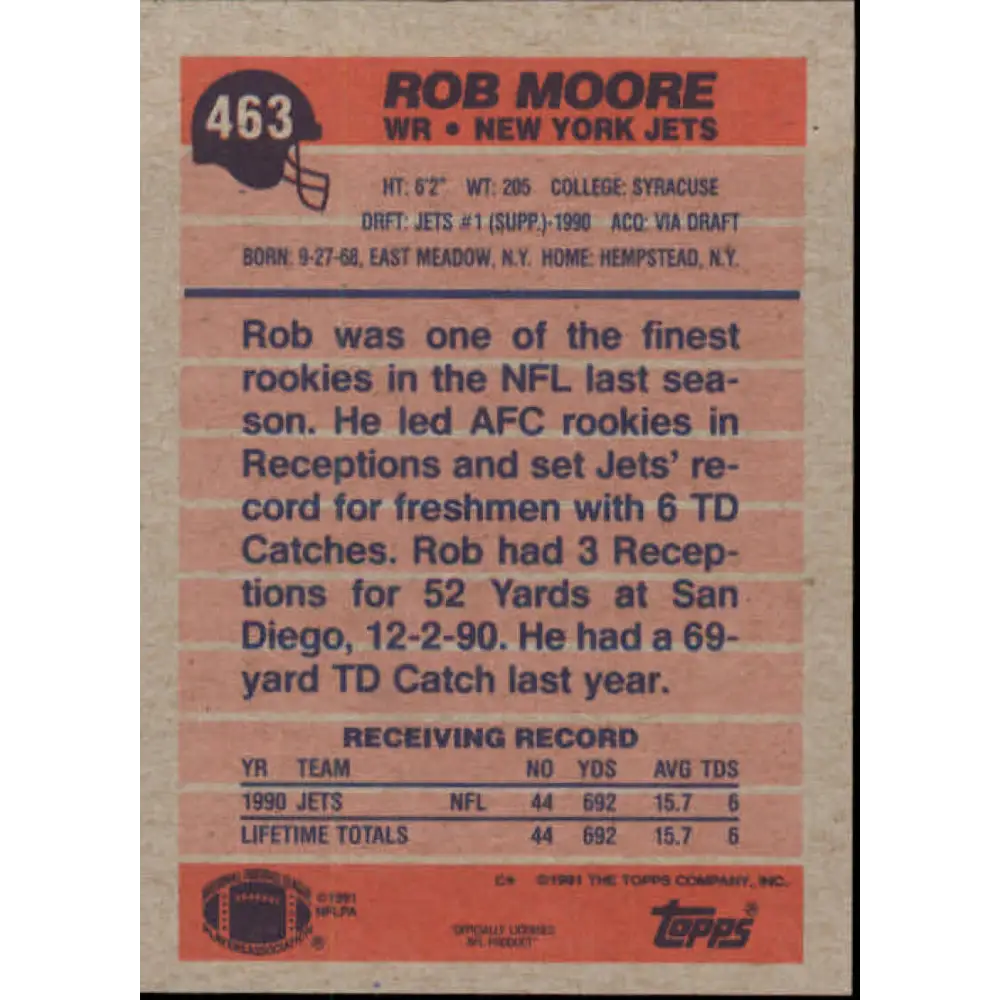 1991 Topps #463 Rob Moore NM-MT RC Rookie New York Jets Football Card  Image 2