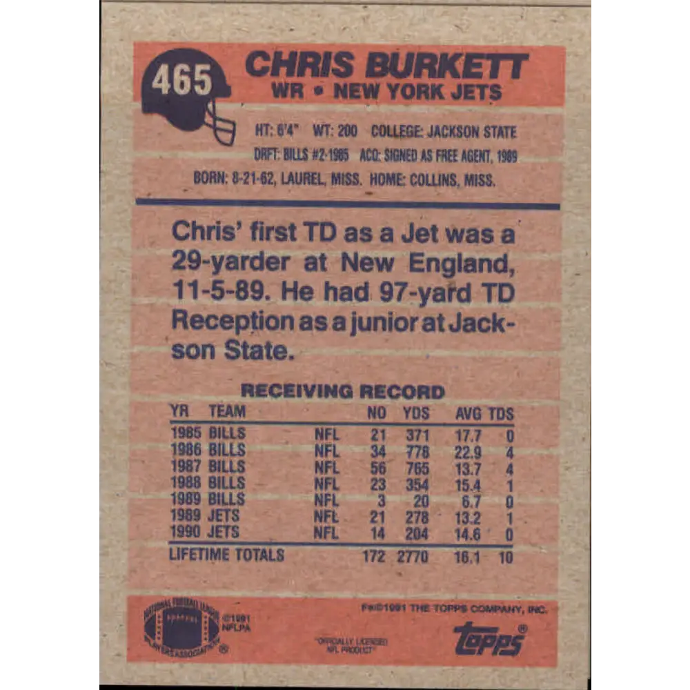 1991 Topps #465 Chris Burkett NM-MT New York Jets Football Card  Image 2