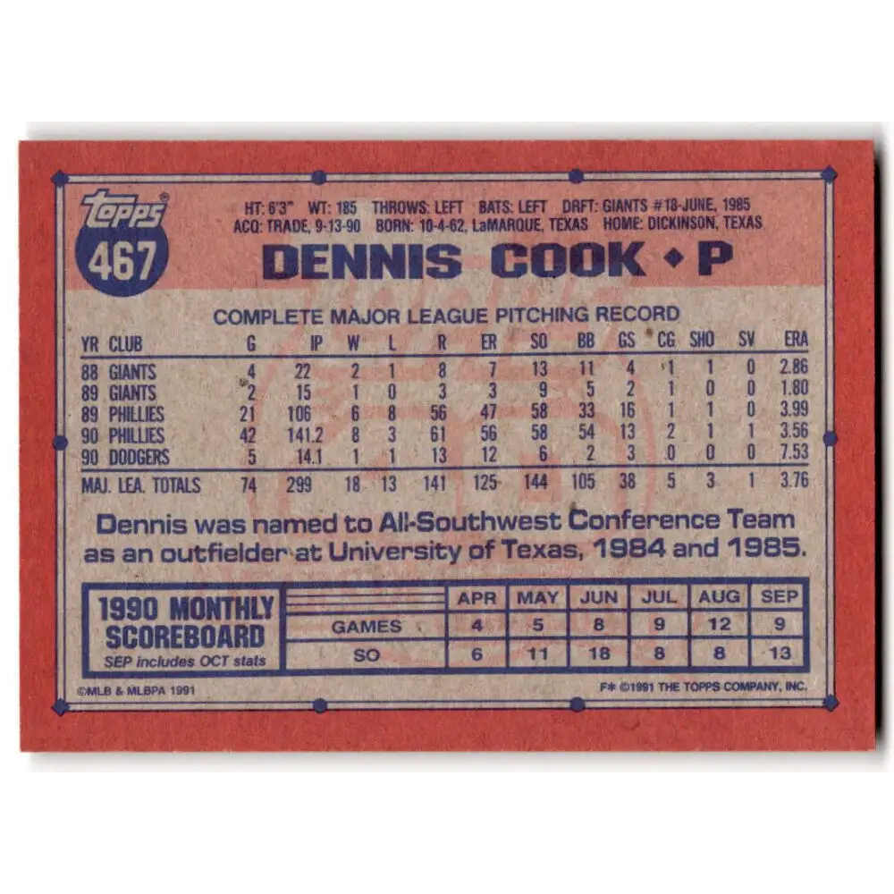1991 Topps #467 Dennis Cook NM-MT Los Angeles Dodgers Baseball Card  Image 2