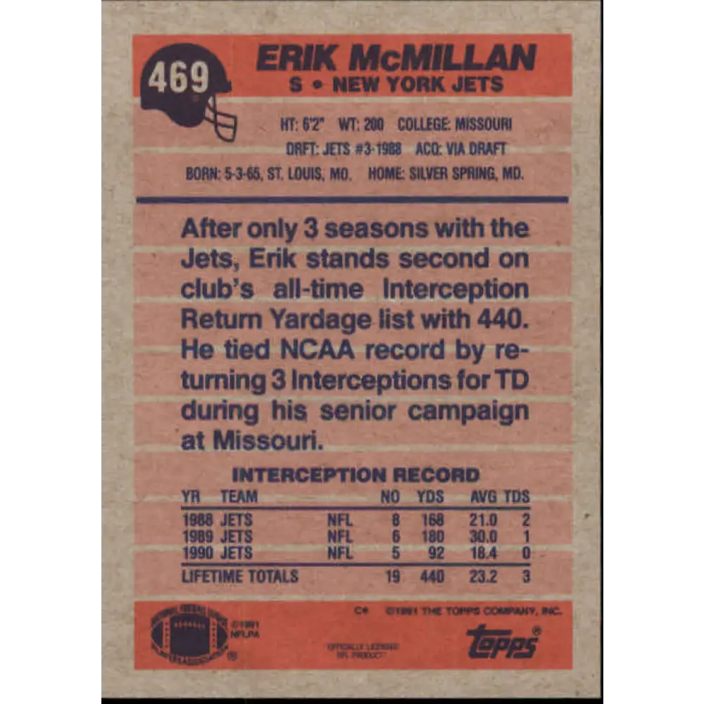1991 Topps #469 Erik McMillan NM-MT New York Jets Football Card  Image 2