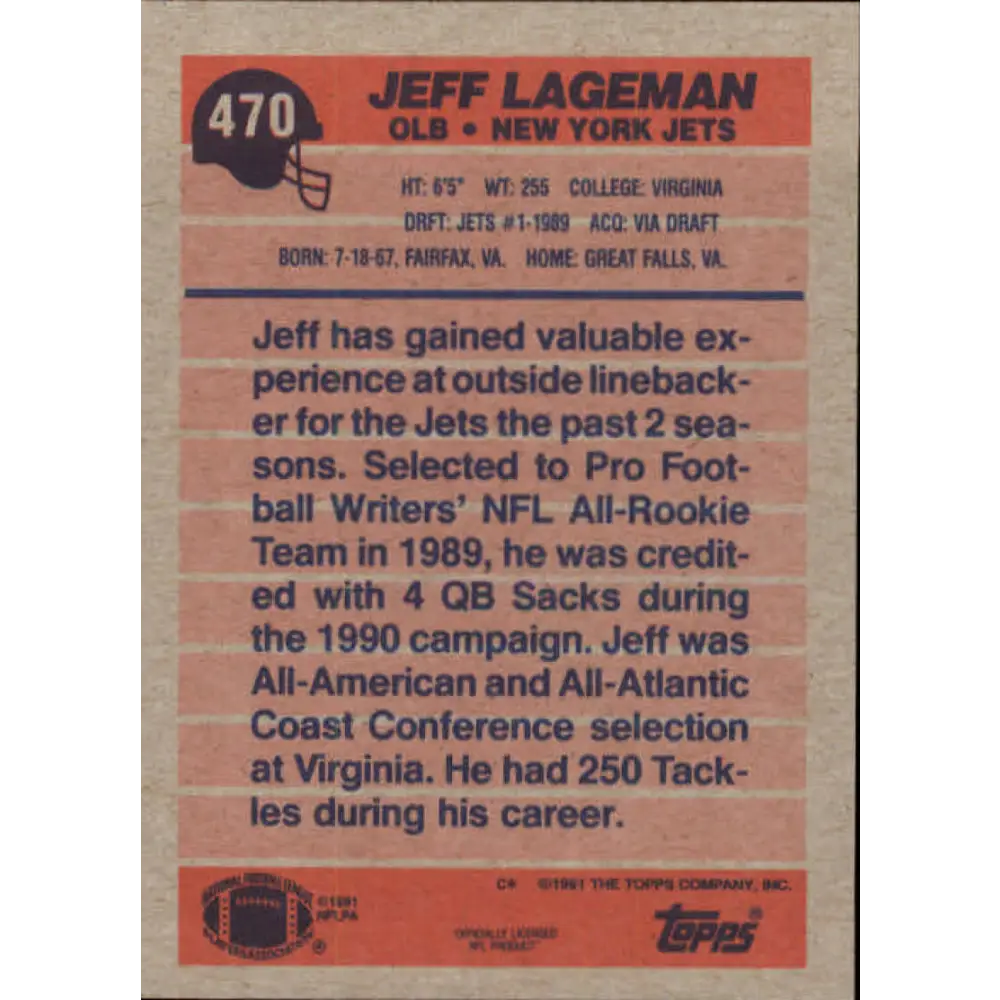 1991 Topps #470 Jeff Lageman NM-MT New York Jets Football Card  Image 2