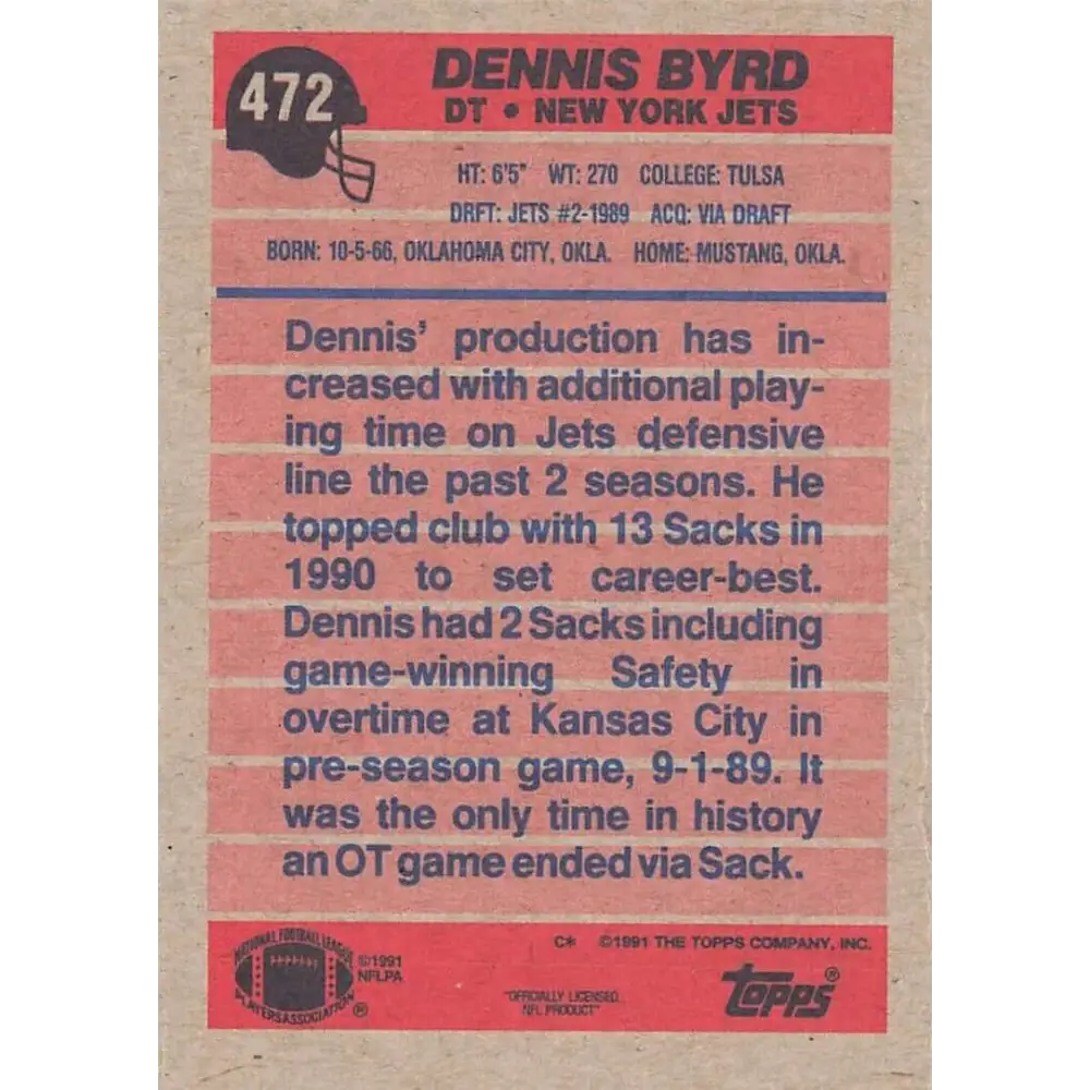 1991 Topps #472 Dennis Byrd NM-MT New York Jets Football Card  Image 2