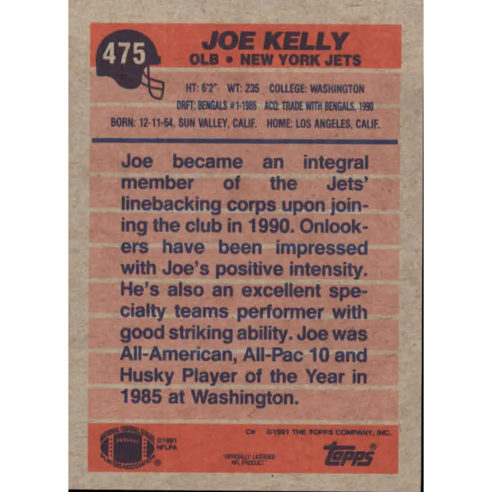 1991 Topps #475 Joe Kelly NM-MT New York Jets Football Card  Image 2
