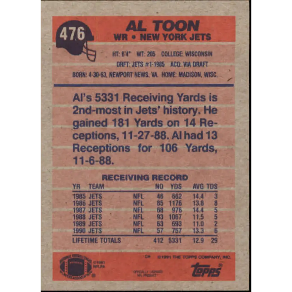 1991 Topps #476 Al Toon NM-MT New York Jets Football Card  Image 2