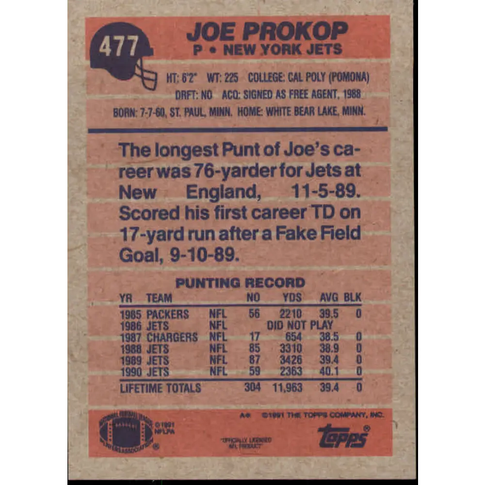 1991 Topps #477 Joe Prokop NM-MT New York Jets Football Card  Image 2