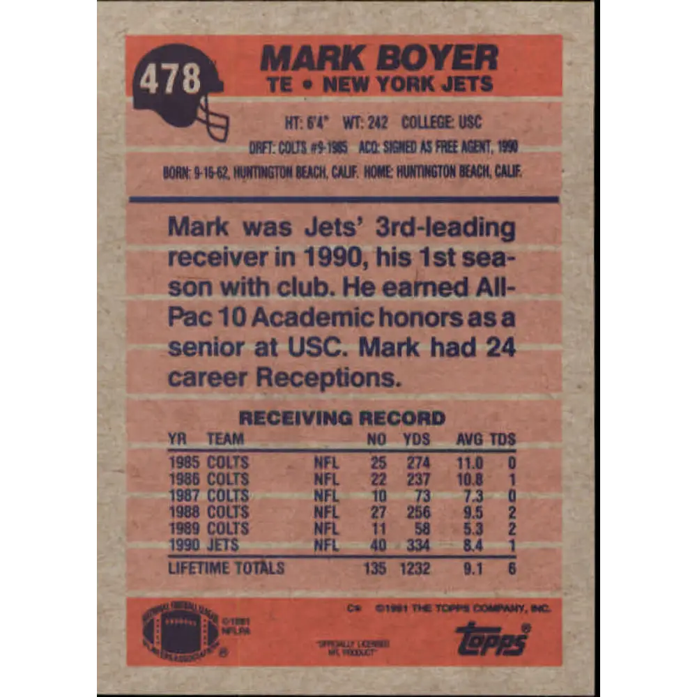 1991 Topps #478 Mark Boyer NM-MT New York Jets Football Card  Image 2