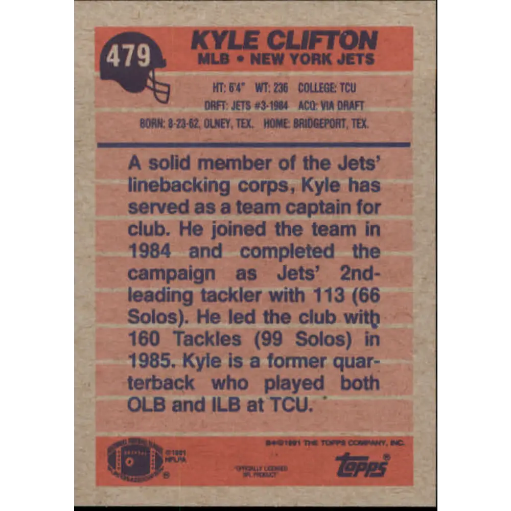 1991 Topps #479 Kyle Clifton NM-MT New York Jets Football Card  Image 2