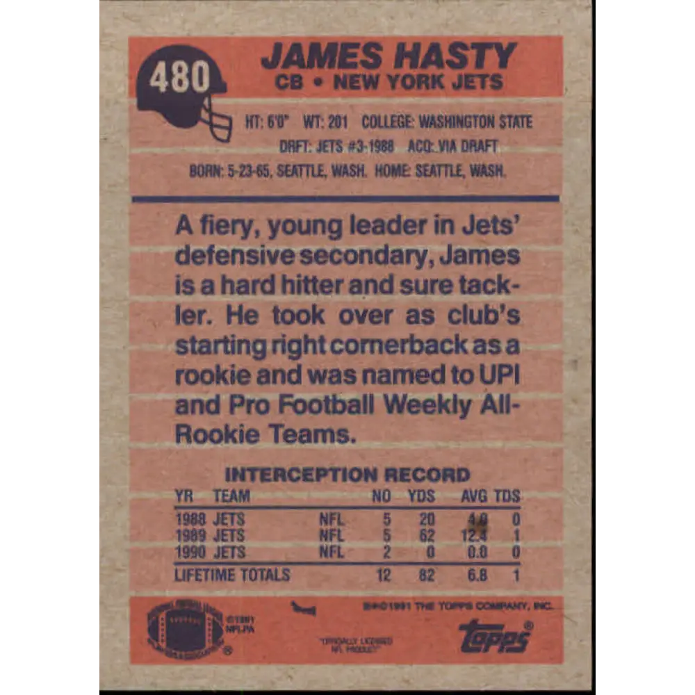 1991 Topps #480 James Hasty NM-MT New York Jets Football Card  Image 2