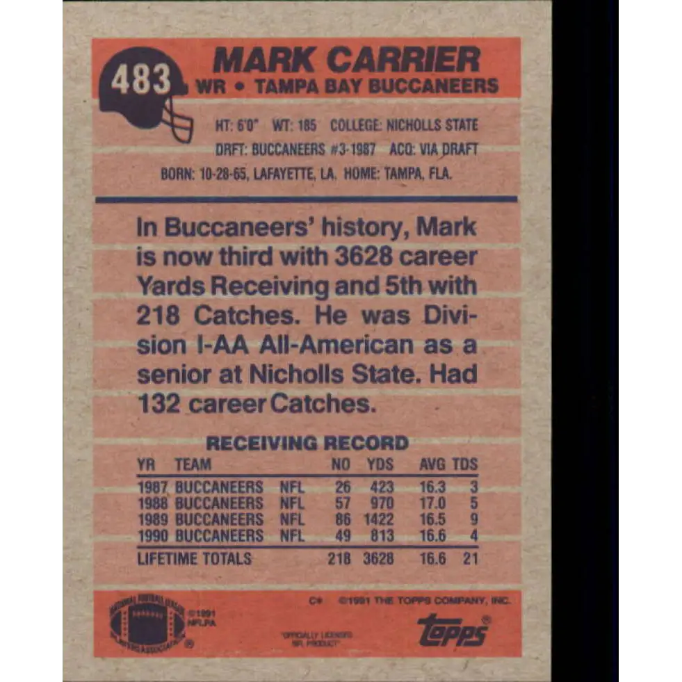 1991 Topps #483 Mark Carrier NM-MT Tampa Bay Buccaneers Football Card  Image 2
