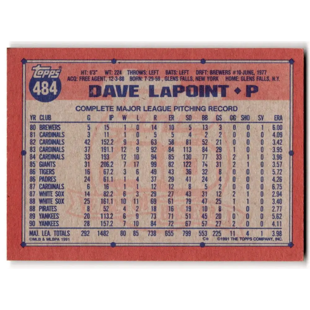 1991 Topps #484 Dave LaPoint NM-MT New York Yankees Baseball Card  Image 2