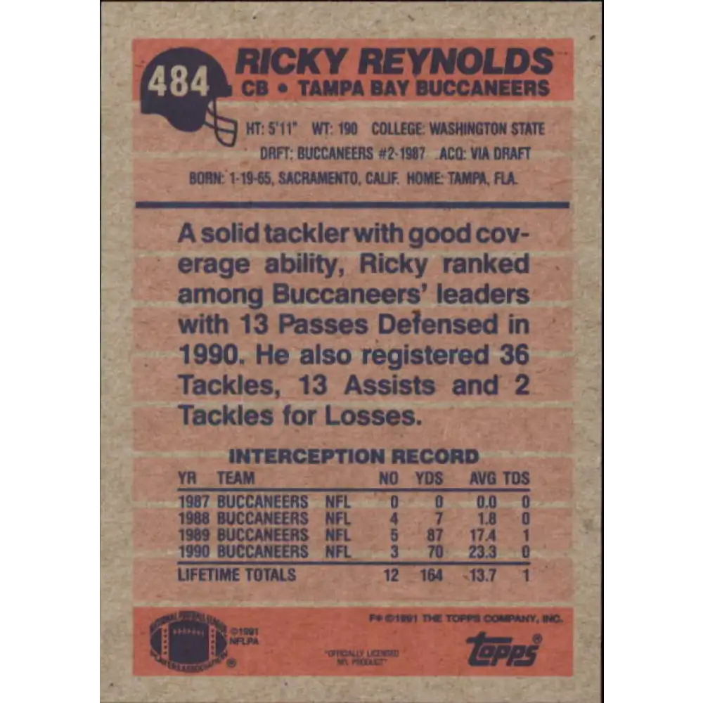 1991 Topps #484 Ricky Reynolds NM-MT Tampa Bay Buccaneers Football Card  Image 2