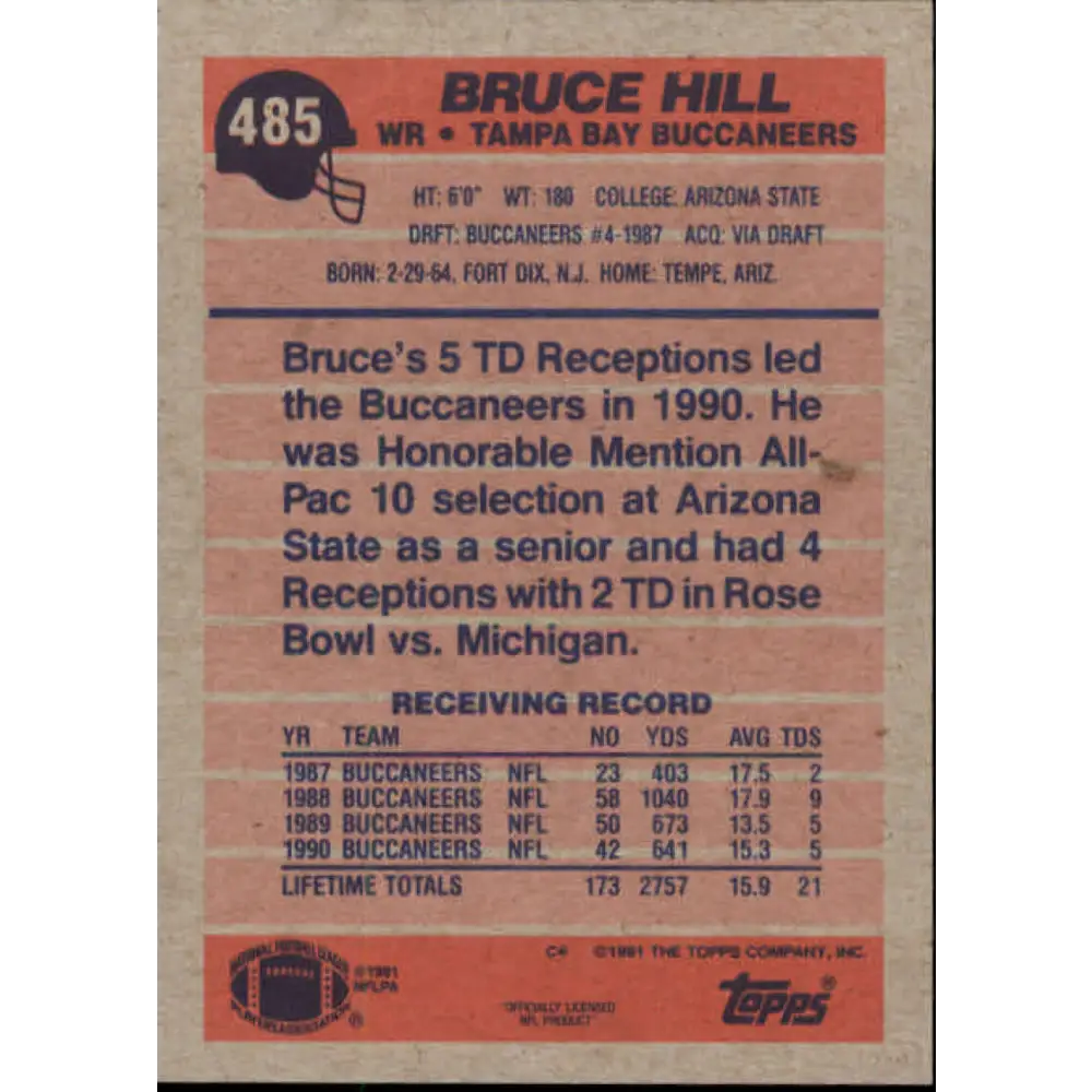 1991 Topps #485 Bruce Hill NM-MT Tampa Bay Buccaneers Football Card  Image 2