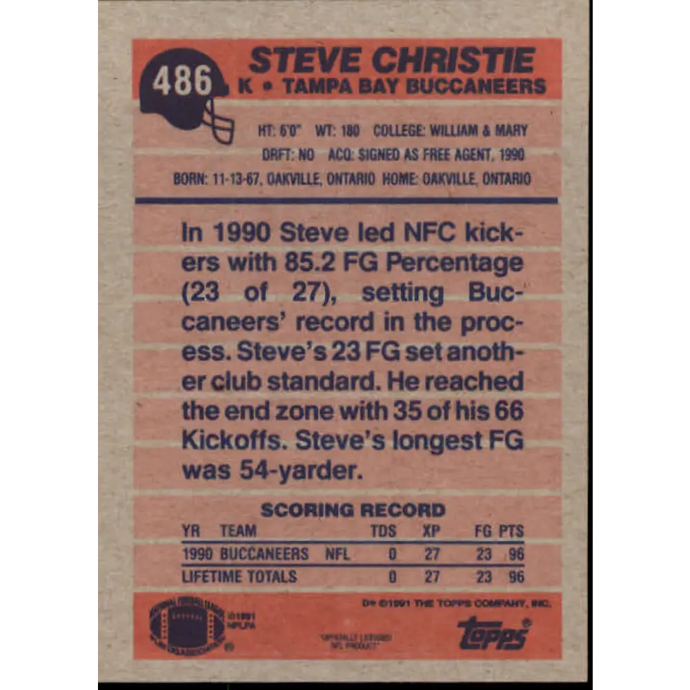 1991 Topps #486 Steve Christie NM-MT RC Rookie Tampa Bay Buccaneers Football Card  Image 2