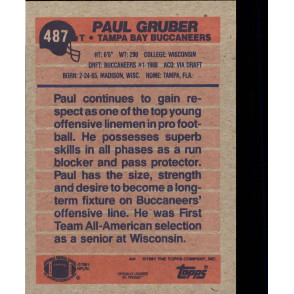 1991 Topps #487 Paul Gruber NM-MT Tampa Bay Buccaneers Football Card  Image 2