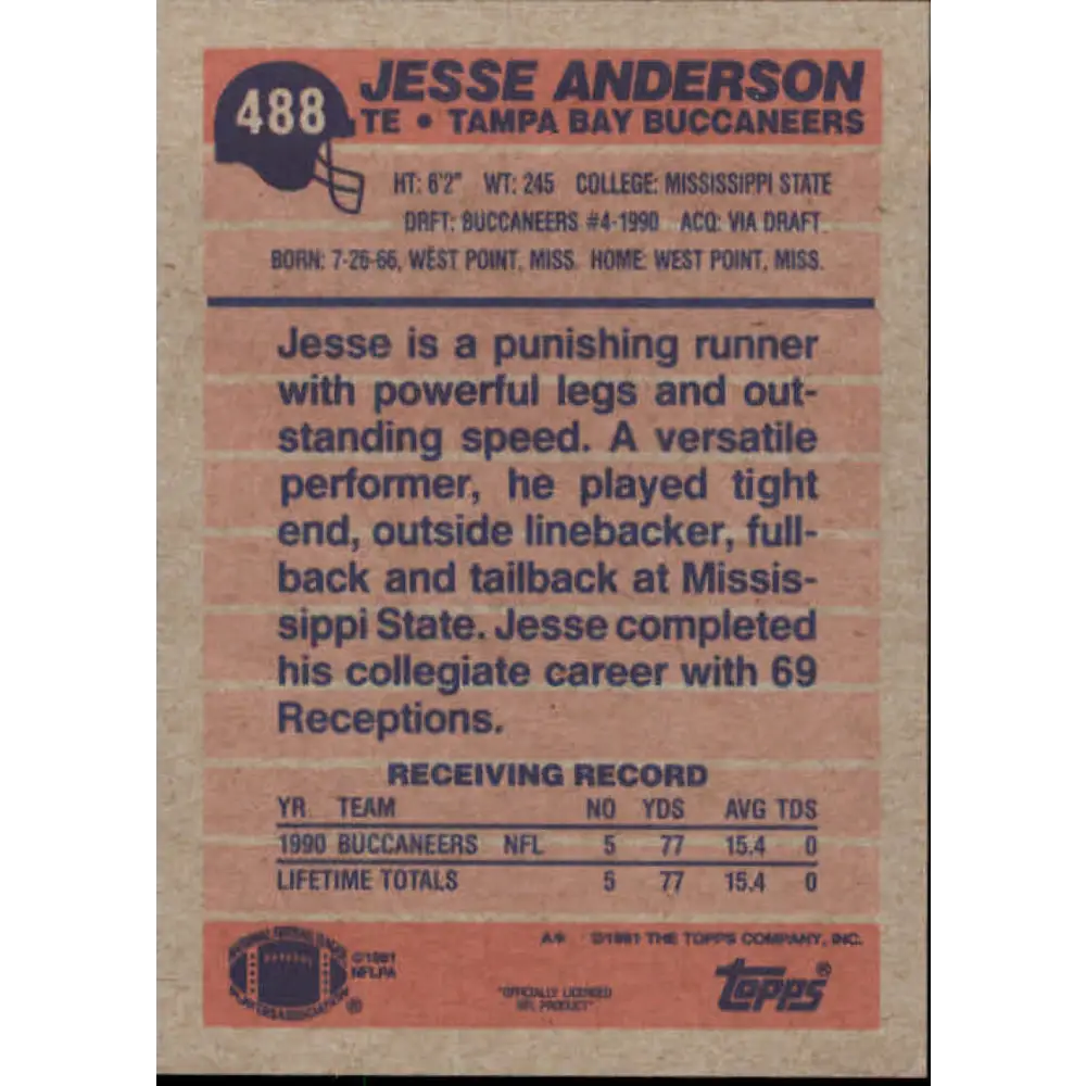 1991 Topps #488 Jesse Anderson NM-MT Tampa Bay Buccaneers Football Card  Image 2