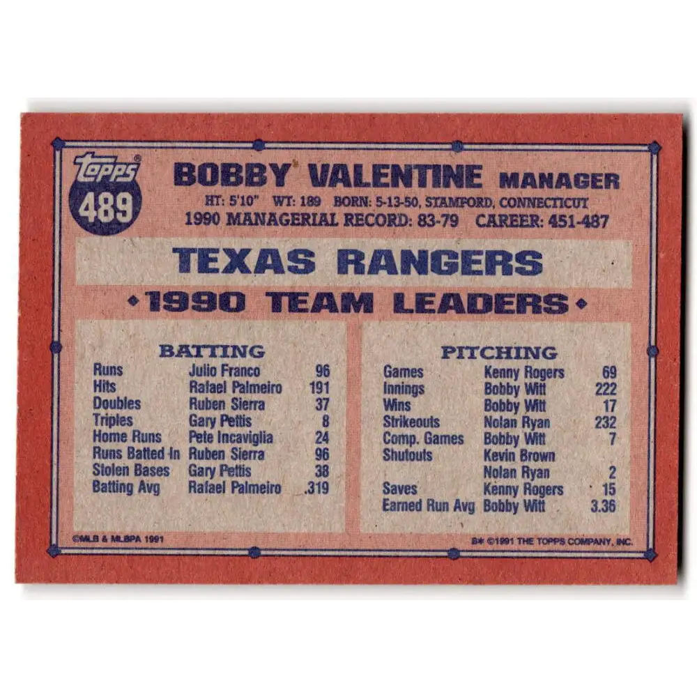 1991 Topps #489 Bobby Valentine NM-MT Texas Rangers Baseball Card  Image 2