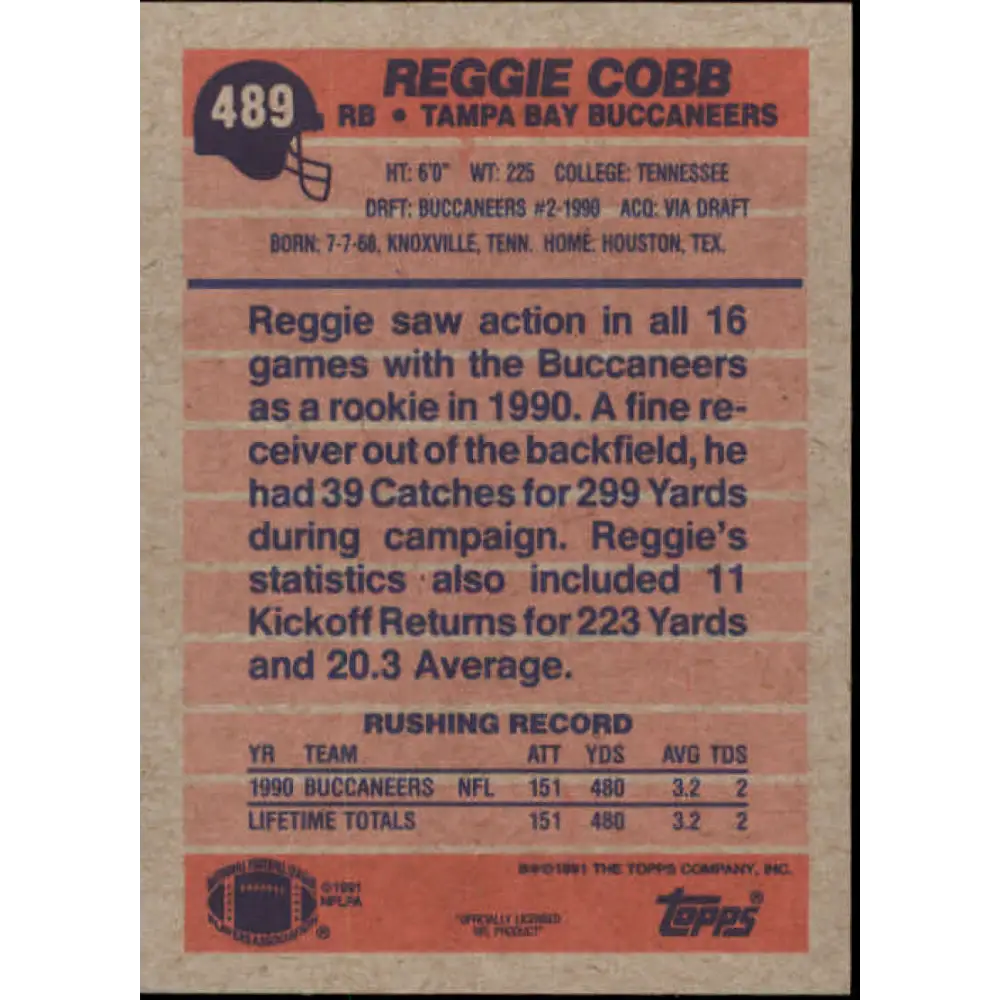 1991 Topps #489 Reggie Cobb NM-MT Tampa Bay Buccaneers Football Card  Image 2