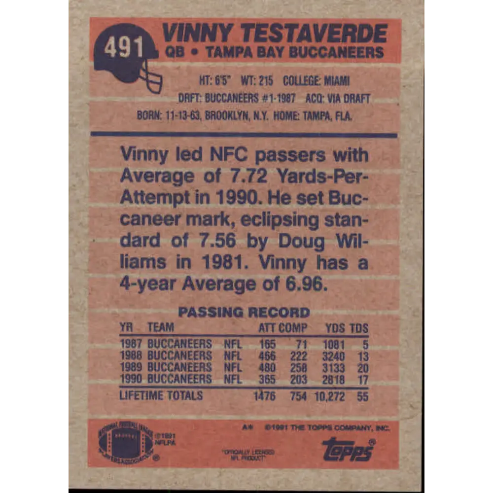 1991 Topps #491 Vinny Testaverde NM-MT Tampa Bay Buccaneers Football Card  Image 2