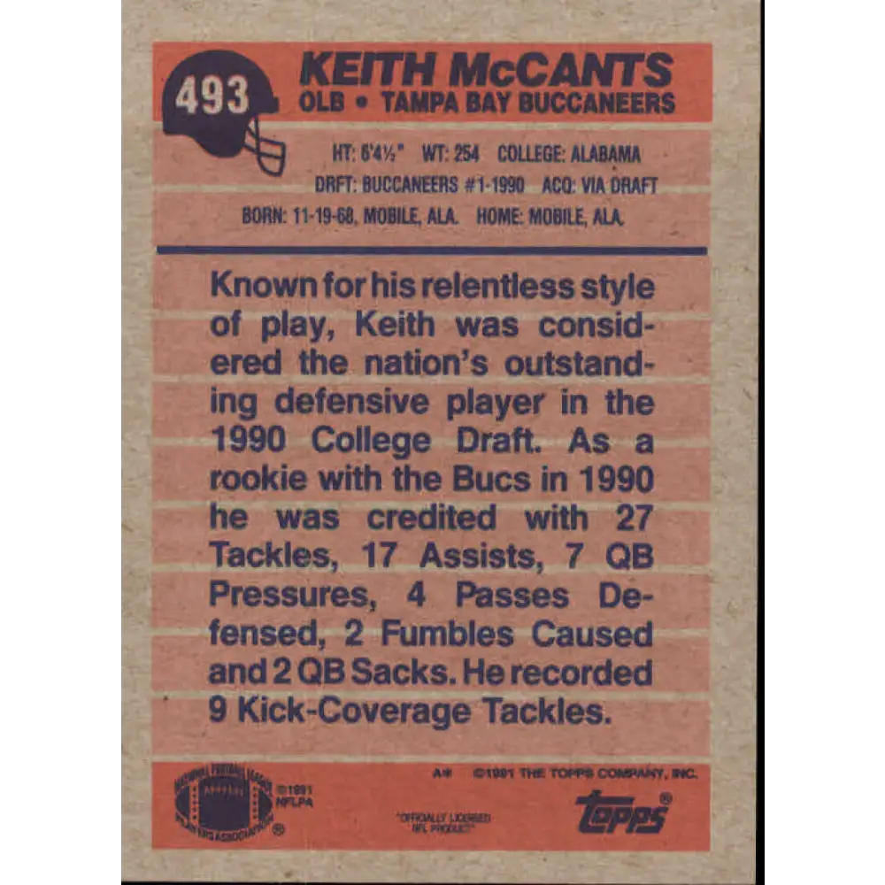 1991 Topps #493 Keith McCants NM-MT Tampa Bay Buccaneers Football Card  Image 2