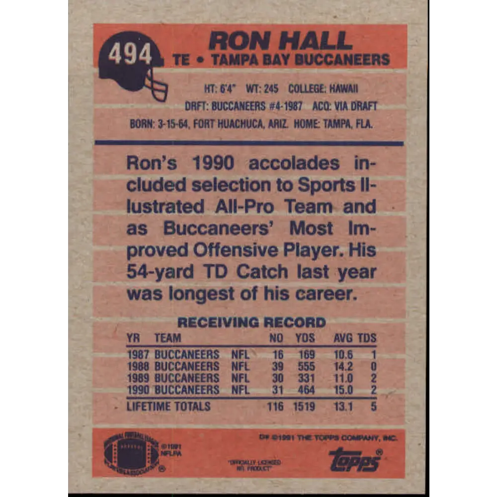 1991 Topps #494 Ron Hall NM-MT Tampa Bay Buccaneers Football Card  Image 2